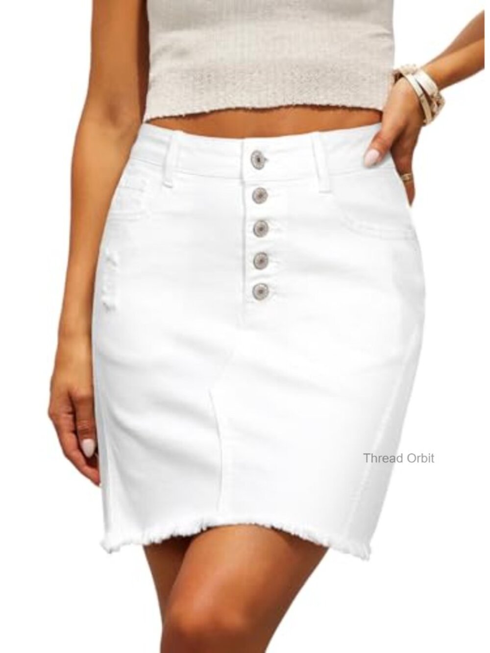 High Waist Stretchy Denim Skirt Raw Hem Button Front